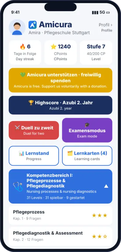 Amicura Startseite mit Kompetenzbereichen
